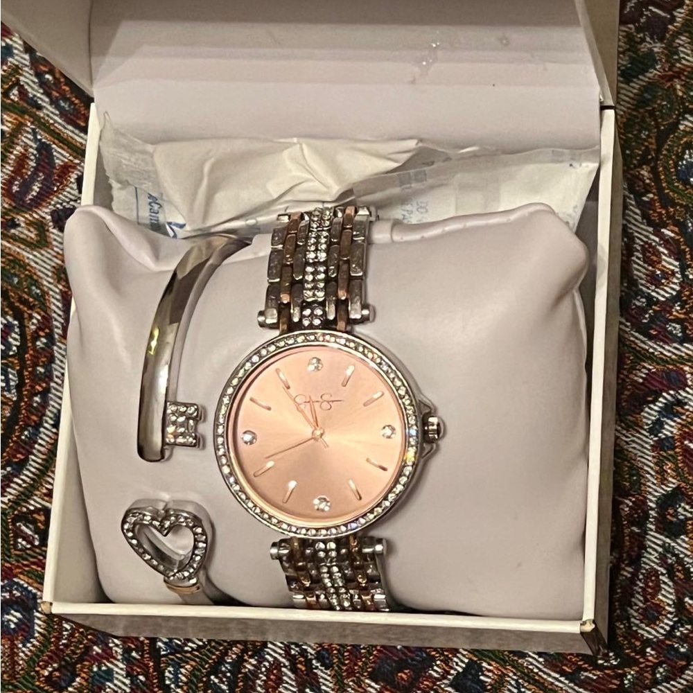 Rose Gold Crystal Accent Women's Watch and Bracelet Set